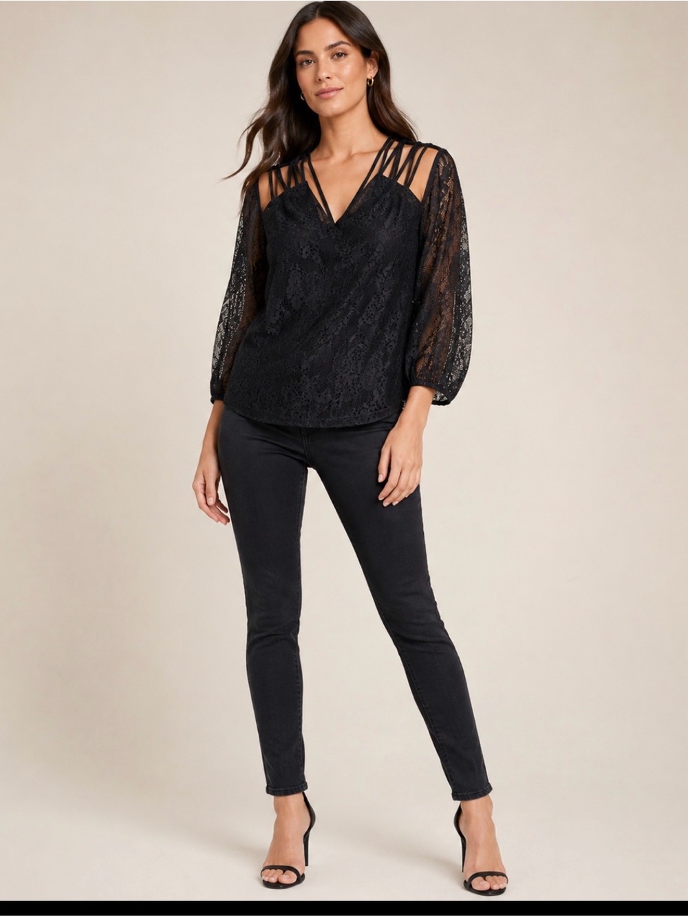 Bebe Black Lace Multi-Strap Blouse Size Small
